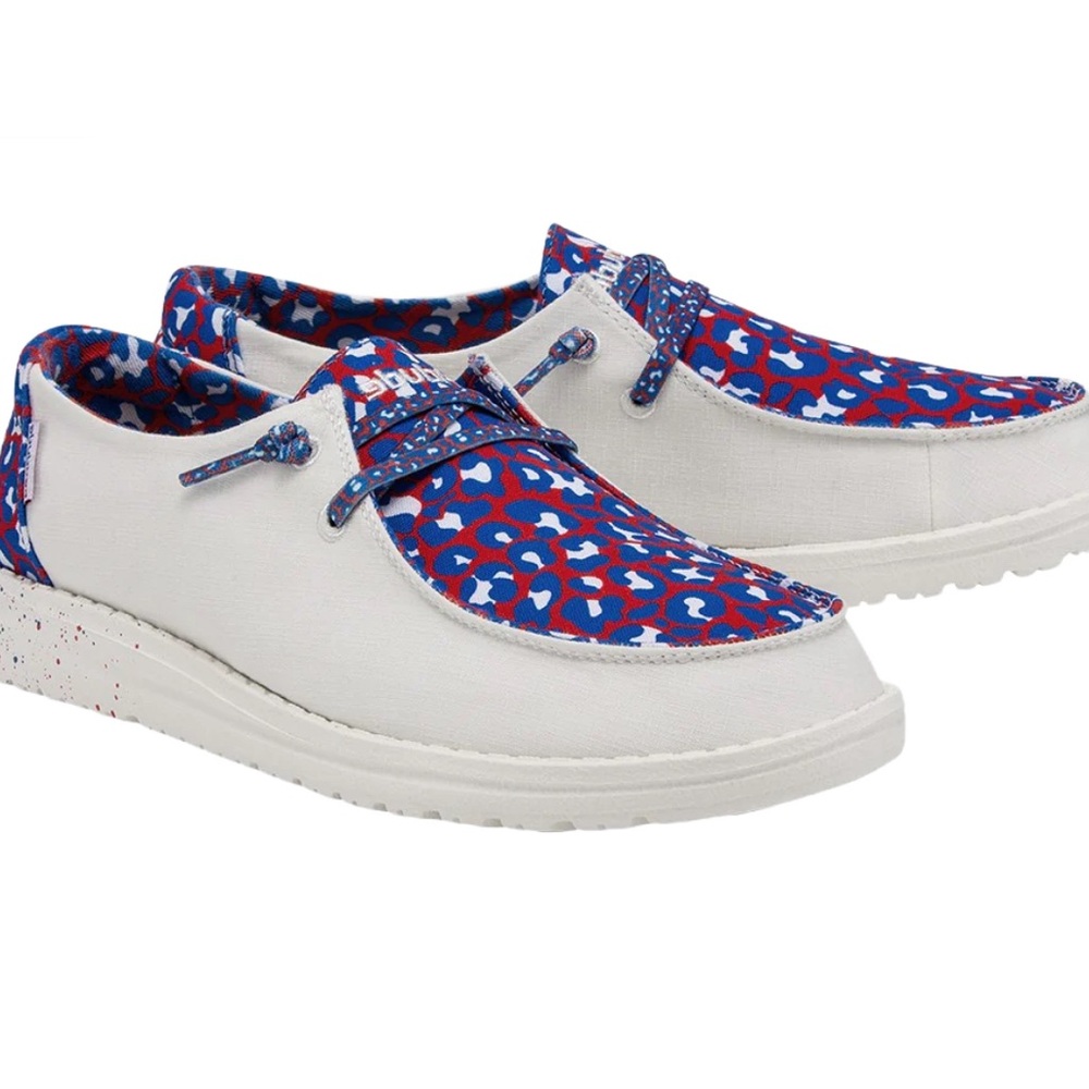 red white and blue cheetah hey dudes, size 9